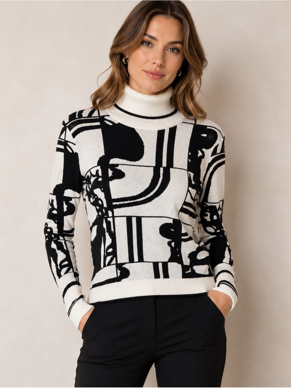 Frank Lyman Black Ivory Abstract Turtleneck Knit Sweater